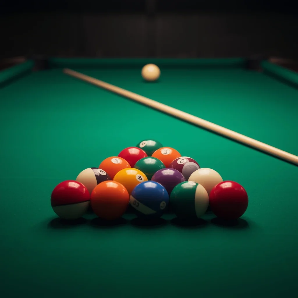 Realistic 8 ball pool table setup showing ball arrangement before the game