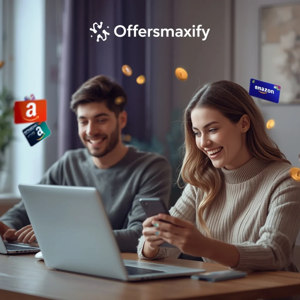 Realistic photo of people earning rewards and gift cards on Offersmaxify